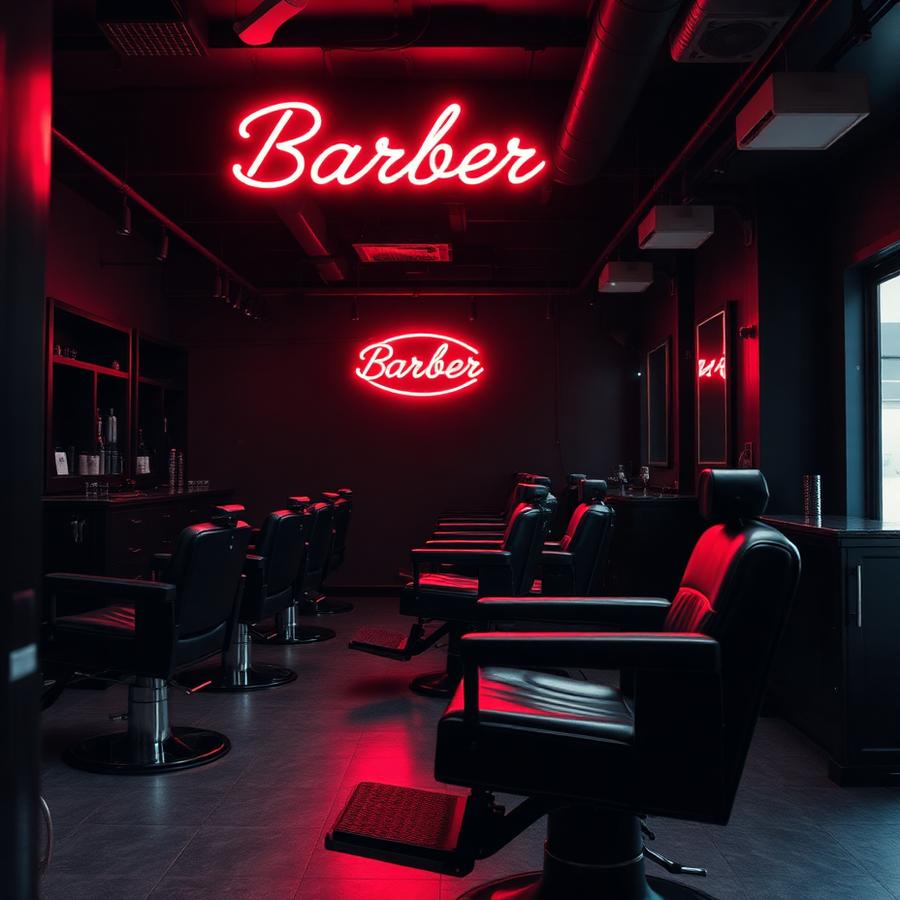 Interior of Faded & Co Barbershop with black chairs and neon signage
